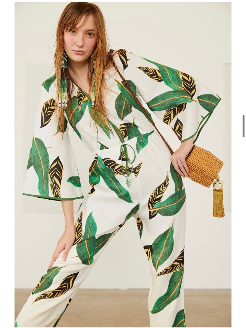 FARM Rio Palm Leaf Wide Leg Linen Jumpsuit